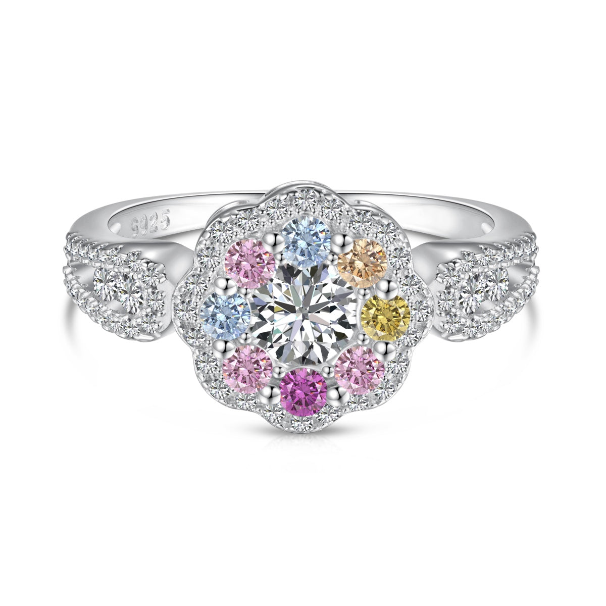 [Lucky Jewelry]Delicate Colorful Round Cut Flower Shape Wedding Ring
