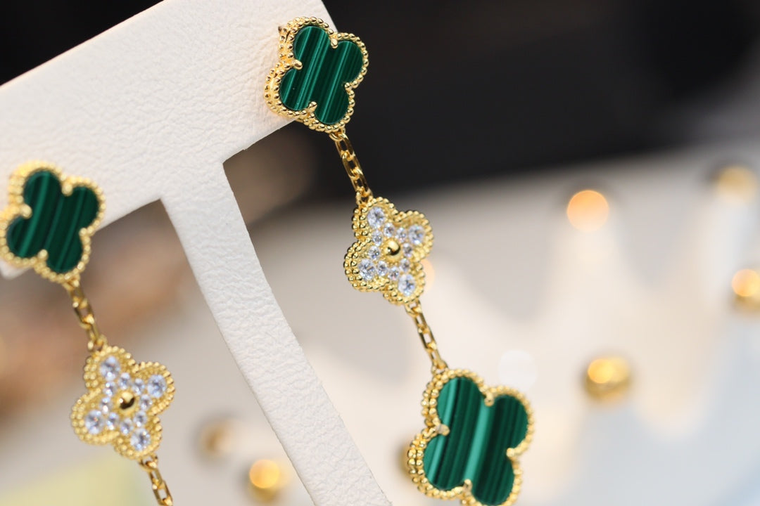 [⭐Renara]CLOVER EARRINGS GOLD MALACHITE DIAMOND 3 MOTIF