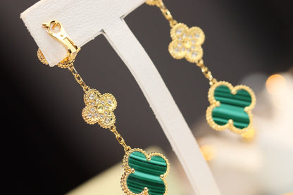 [⭐Renara]CLOVER EARRINGS GOLD MALACHITE DIAMOND 3 MOTIF