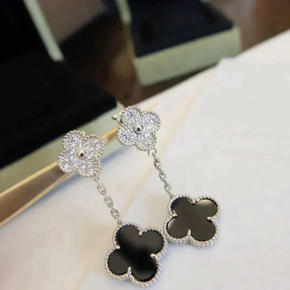 [⭐Renara]CLOVER 2 MOTIFS  DIAMOND ONYX EARRINGS SILVER