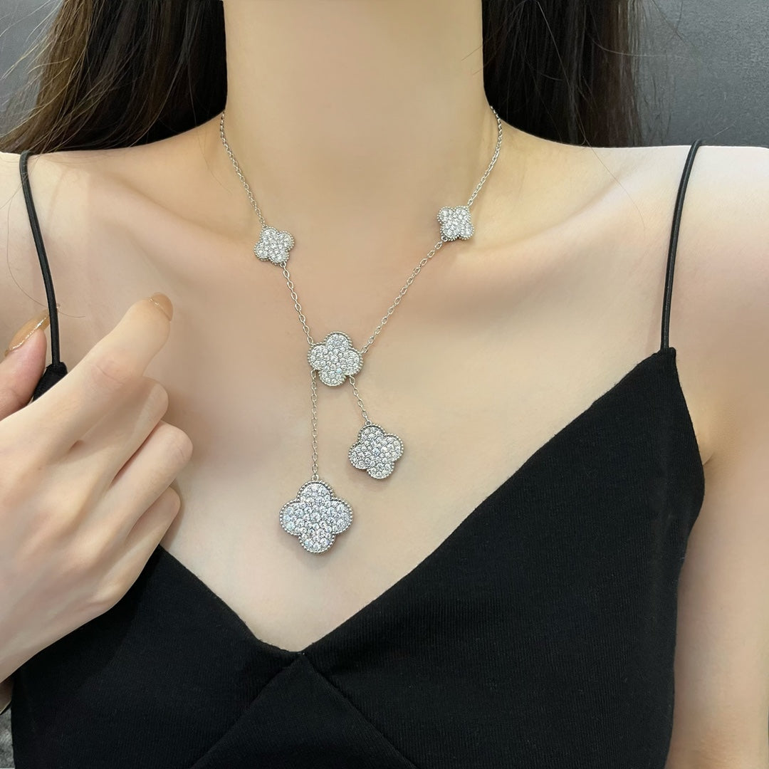 [⭐Renara]CLOVER 5 MOTIFS SILVER DIAMONDS NECKLACE