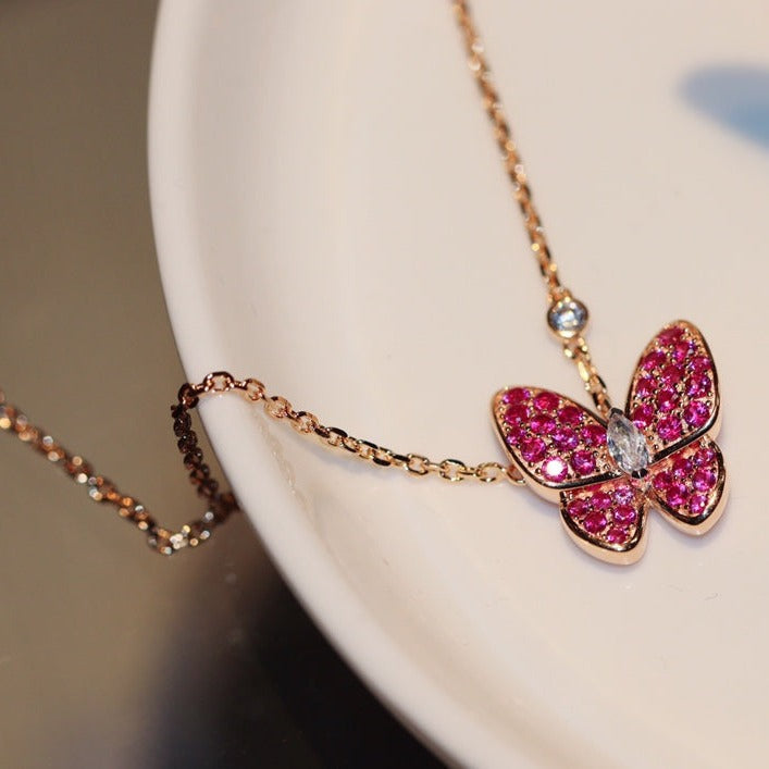 [⭐Renara]BUTTERFLY RED DIAMOND ROSE GOLD NECKLACE