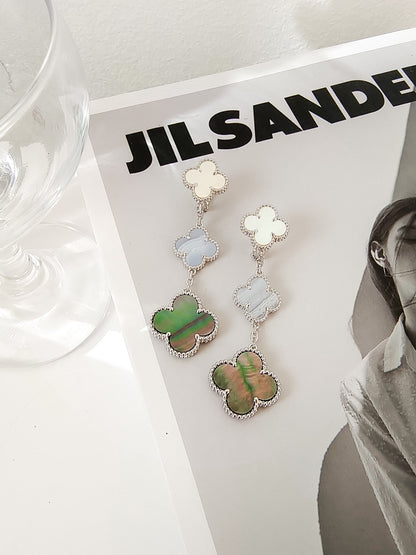 [⭐Renara]CLOVER 3 MOTIFS CHALCEDONY DARK MOP SILVER EARRINGS
