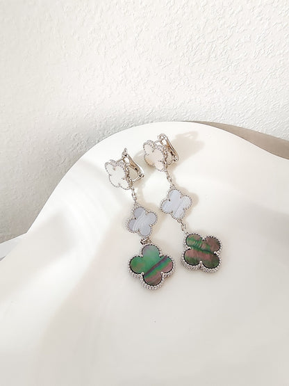 [⭐Renara]CLOVER 3 MOTIFS CHALCEDONY DARK MOP SILVER EARRINGS