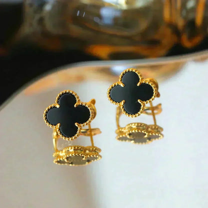 [⭐Renara]CLOVER MEDIUM 1 MOTIFS  ONYX STUD EARRINGS