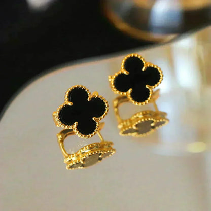 [⭐Renara]CLOVER MEDIUM 1 MOTIFS  ONYX STUD EARRINGS