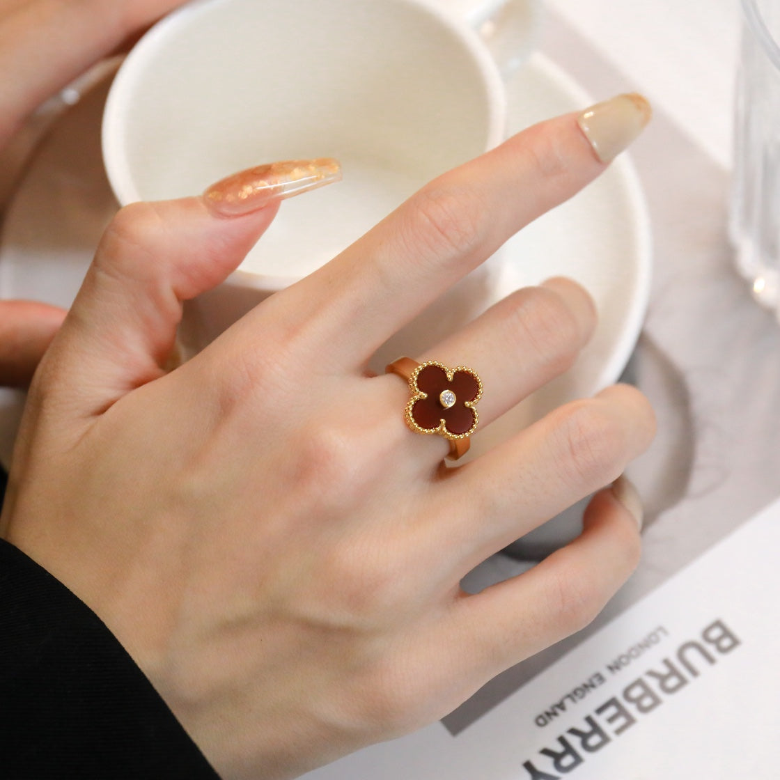 [⭐Renara]CLOVER CARNELIAN RING ROSE GOLD DIAMOND