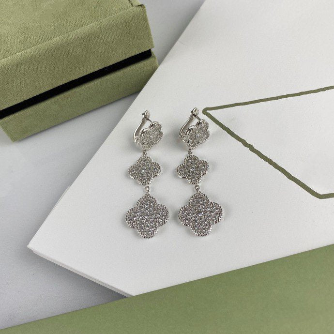 [⭐Renara]CLOVER 3 MOTIF DIAMOND SILVER DROP EARRINGS