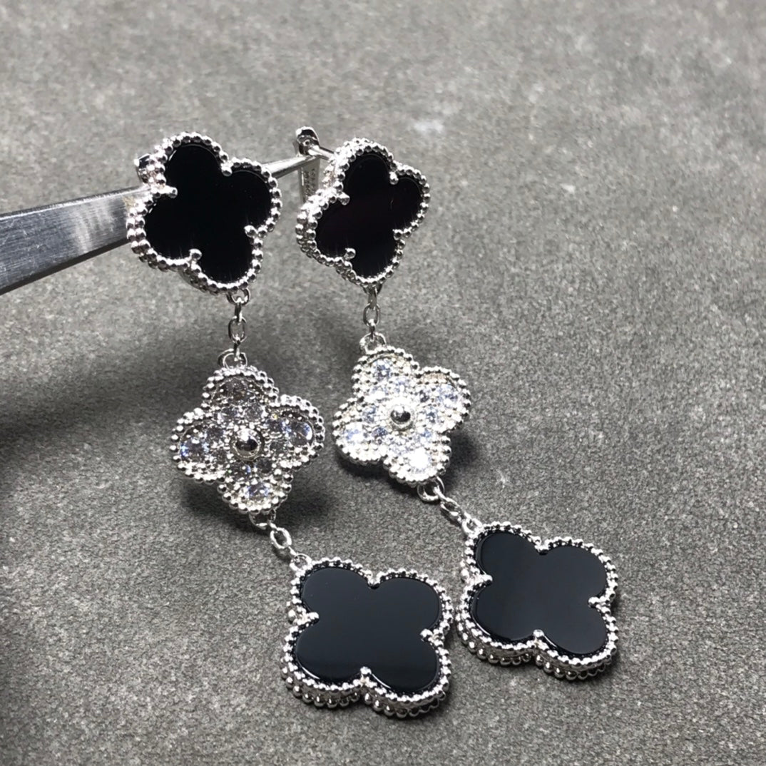 [⭐Renara]CLOVER 3 MOTIF DIAMOND ONYX SILVER EARRINGS