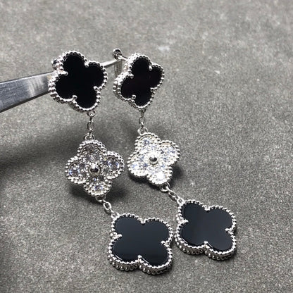 [⭐Renara]CLOVER 3 MOTIF DIAMOND ONYX SILVER EARRINGS