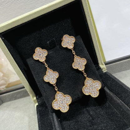 [⭐Renara]CLOVER 3 MOTIFS DIAMOND PAVED ROSE GOLD EARRINGS