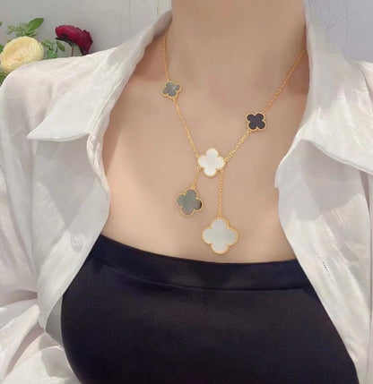 [⭐Renara]CLOVER 6 MOTIF MOP ONYX GOLD NECKLACE