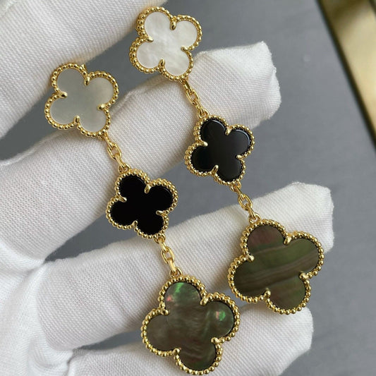 [⭐Renara]CLOVER 3 MOTIF MOP ONYX DARK MOP PINK GOLD EARRINGS