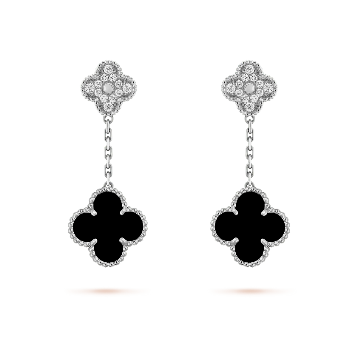 [⭐Renara]CLOVER 2 MOTIFS  DIAMOND ONYX EARRINGS SILVER