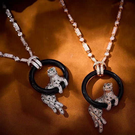 [⭐Renara jewelrys]NEW BLACK CIRCLE PANTHER FULL DIAMOND NECKLACE