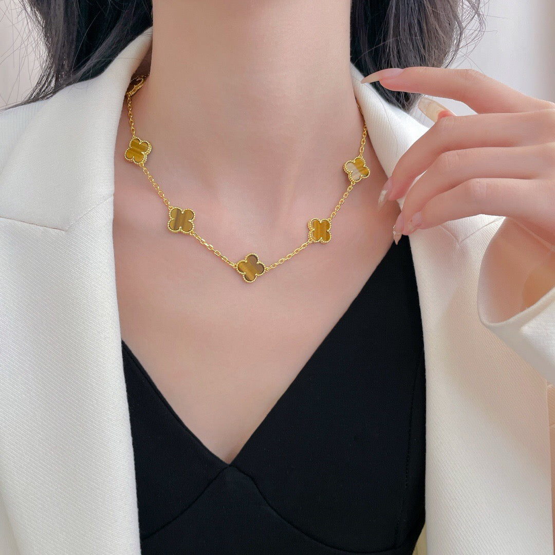 [⭐Renara]CLOVER 10 MOTIFS TIGER EYE NECKLACE
