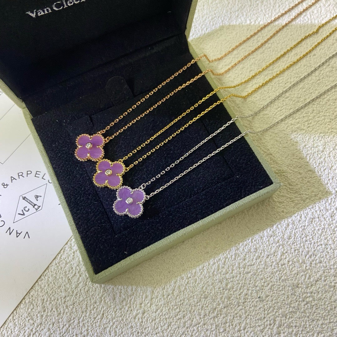 [⭐Renara Jewelry]CLOVER 15MM DIAMOND  PURPLE VIOLET NECKLACE