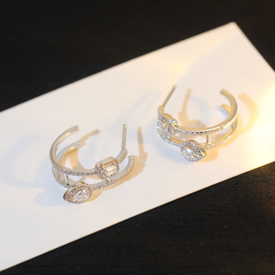 [⭐Renara]CREOLES MY TWIN 2 RANGS SILVER DIAMOND EARRINGS