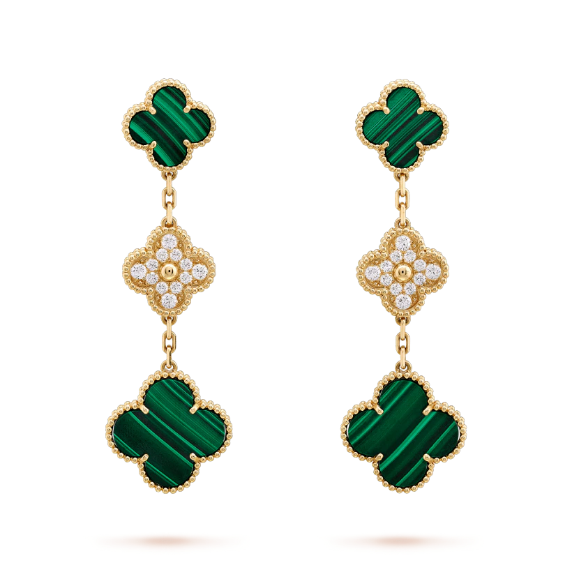 [⭐Renara]CLOVER EARRINGS GOLD MALACHITE DIAMOND 3 MOTIF